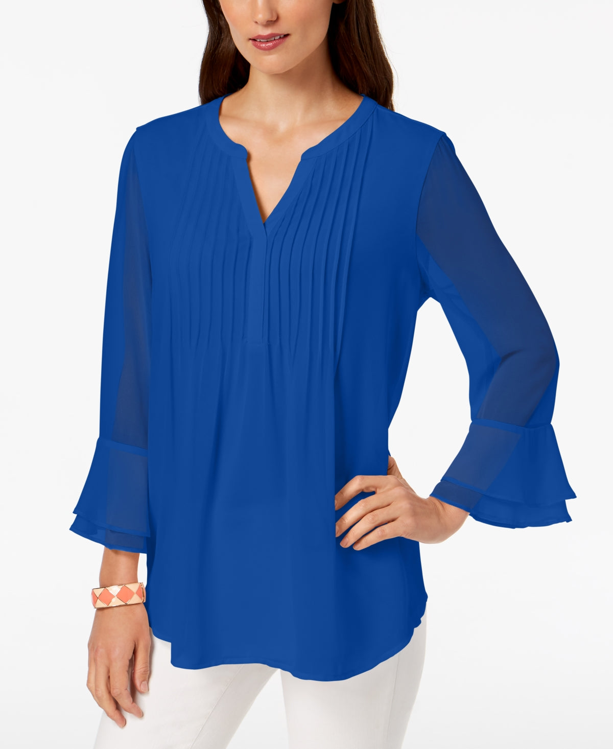 Charter Club Blusa feminina com babados duplos e pregas lisas, azul, tamanho XX-G