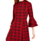 Vestido de malha xadrez com manga sino e corações de lantejoulas para jovens, tamanho grande, vermelho