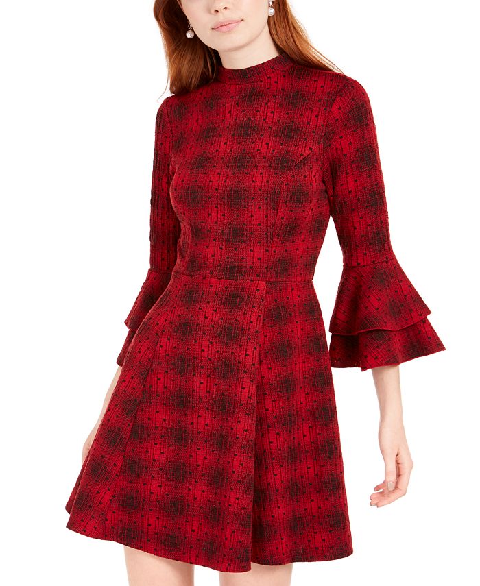 Vestido de malha xadrez com manga sino e corações de lantejoulas para jovens, tamanho grande, vermelho