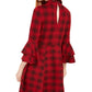 Vestido de malha xadrez com manga sino e corações de lantejoulas para jovens, tamanho grande, vermelho