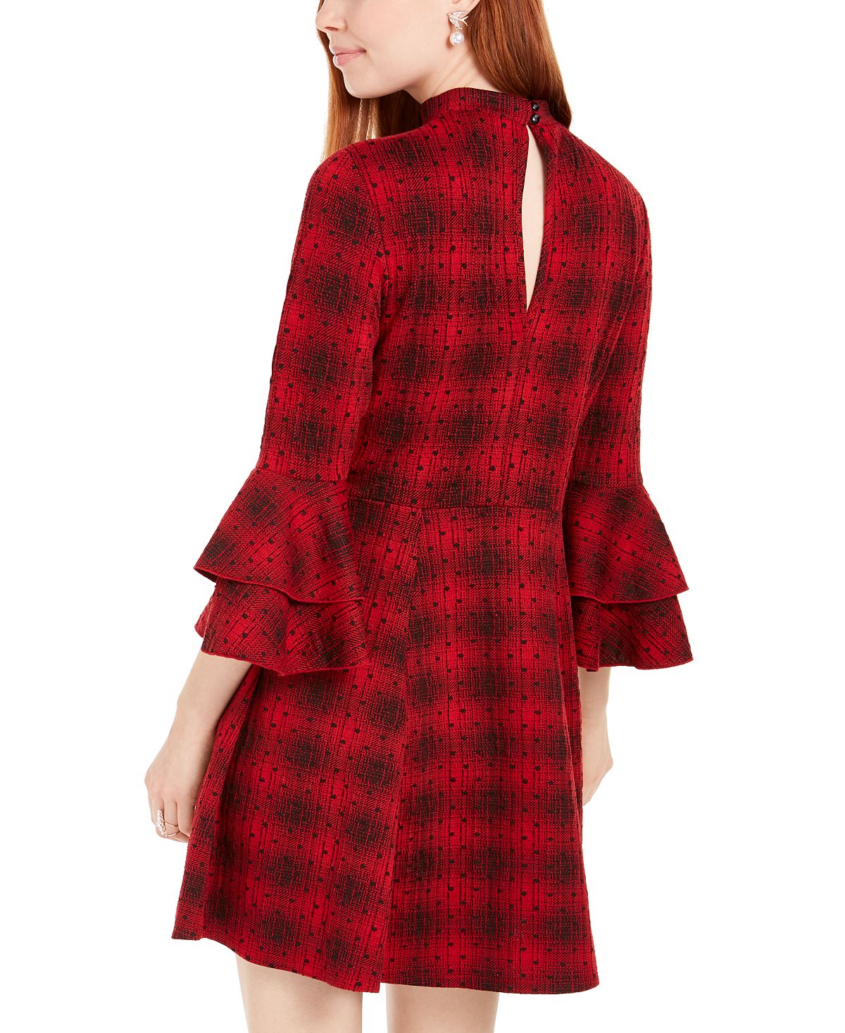 Vestido de malha xadrez com manga sino e corações de lantejoulas para jovens, tamanho grande, vermelho