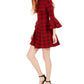 Vestido de malha xadrez com manga sino e corações de lantejoulas para jovens, tamanho grande, vermelho