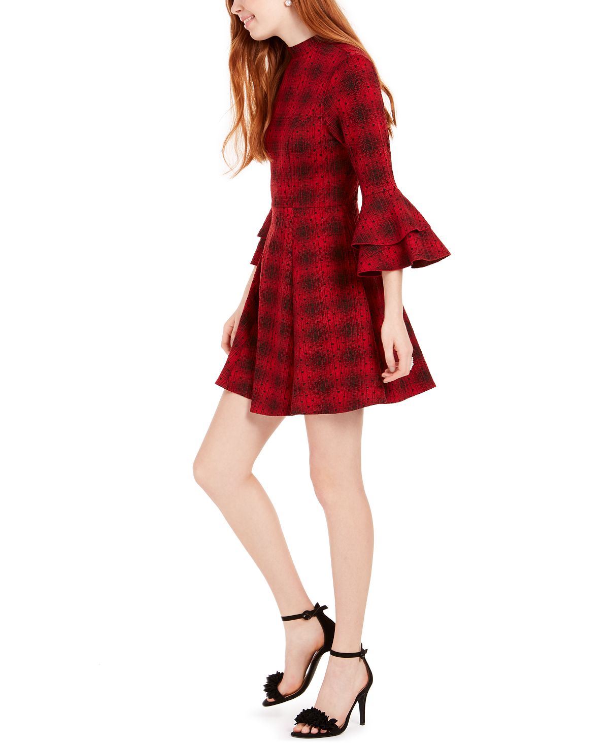 Vestido de malha xadrez com manga sino e corações de lantejoulas para jovens, tamanho grande, vermelho