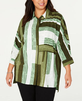 Blusa túnica feminina Alfani Plus com estampa frontal e botões, verde, tamanho 0X