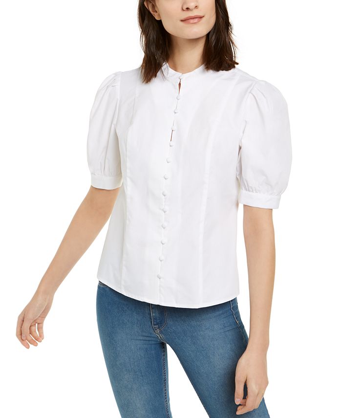 Blusa feminina com botões e mangas bufantes e cotovelo da INC Iternational Concepts, branca, tamanho X-G