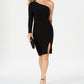 Vestido de festa feminino Vince Camuto, com fenda franzida, manga comprida, decote assimétrico, comprimento até o joelho, preto, tamanho 10