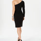 Vestido de festa feminino Vince Camuto, com fenda franzida, manga comprida, decote assimétrico, comprimento até o joelho, preto, tamanho 10
