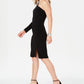 Vestido de festa feminino Vince Camuto, com fenda franzida, manga comprida, decote assimétrico, comprimento até o joelho, preto, tamanho 10