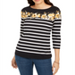 Blusa feminina listrada e estampada floral Charter Club, preta, tamanho pequeno