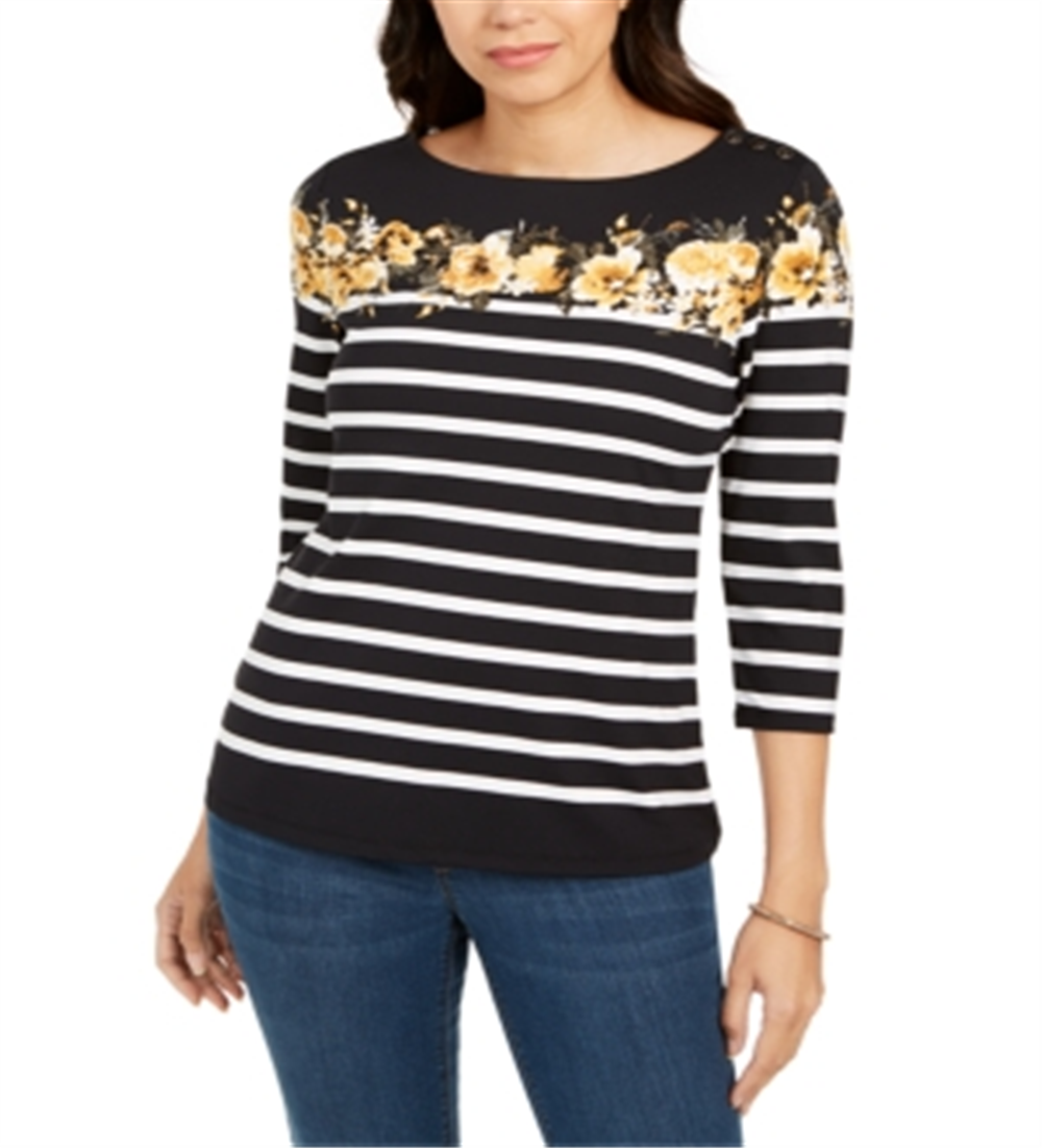 Blusa feminina listrada e estampada floral Charter Club, preta, tamanho pequeno