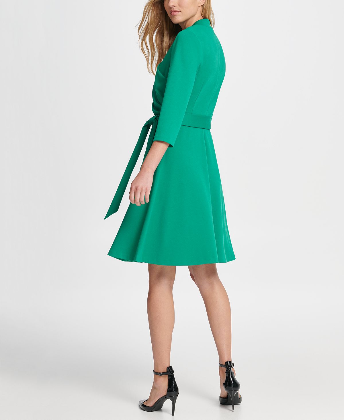 Vestido flare feminino DKNY Surplice Ponte Fit, verde, tamanho 2