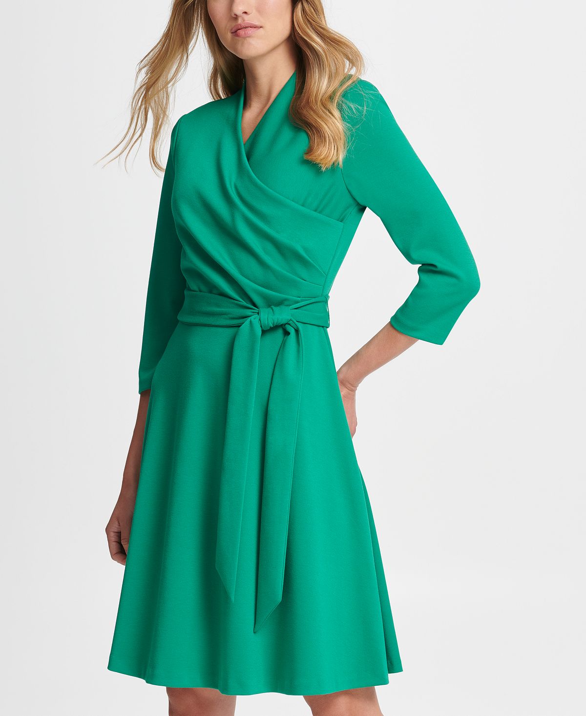 Vestido flare feminino DKNY Surplice Ponte Fit, verde, tamanho 2