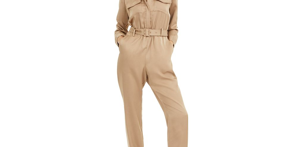 Macacão feminino INC Plus com pernas largas e botões frontais, bege, tamanho 16W