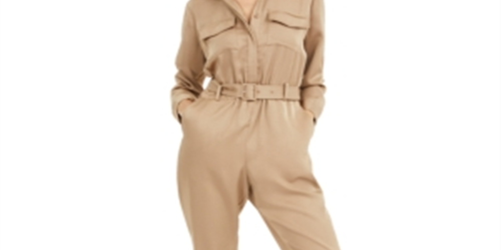 Macacão feminino INC Plus com pernas largas e botões frontais, bege, tamanho 16W