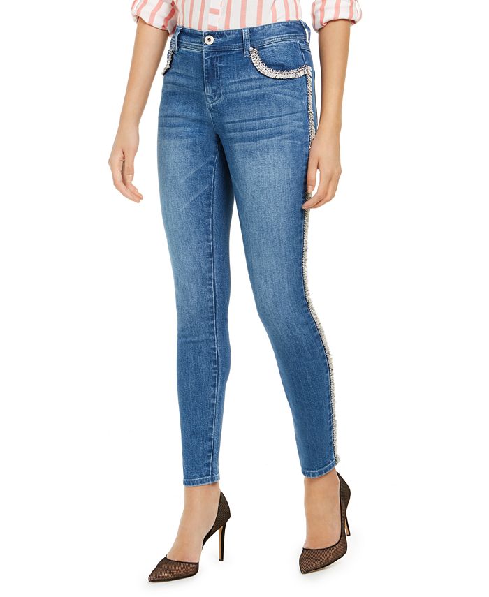 Calça jeans skinny feminina INC Iternational Concepts com acabamento em tweed e cintura alta, azul, tamanho 10