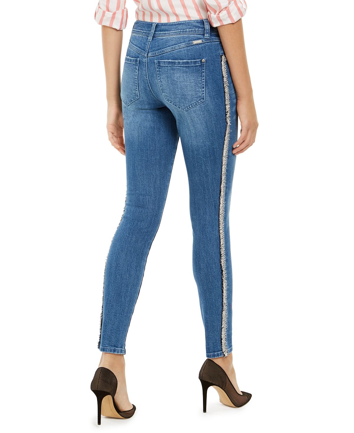 Calça jeans skinny feminina INC Iternational Concepts com acabamento em tweed e cintura alta, azul, tamanho 10