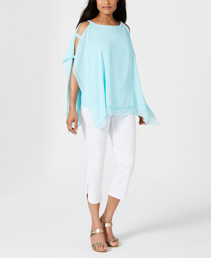 JM Collection Top poncho feminino com mangas divididas, azul, tamanho pequeno G