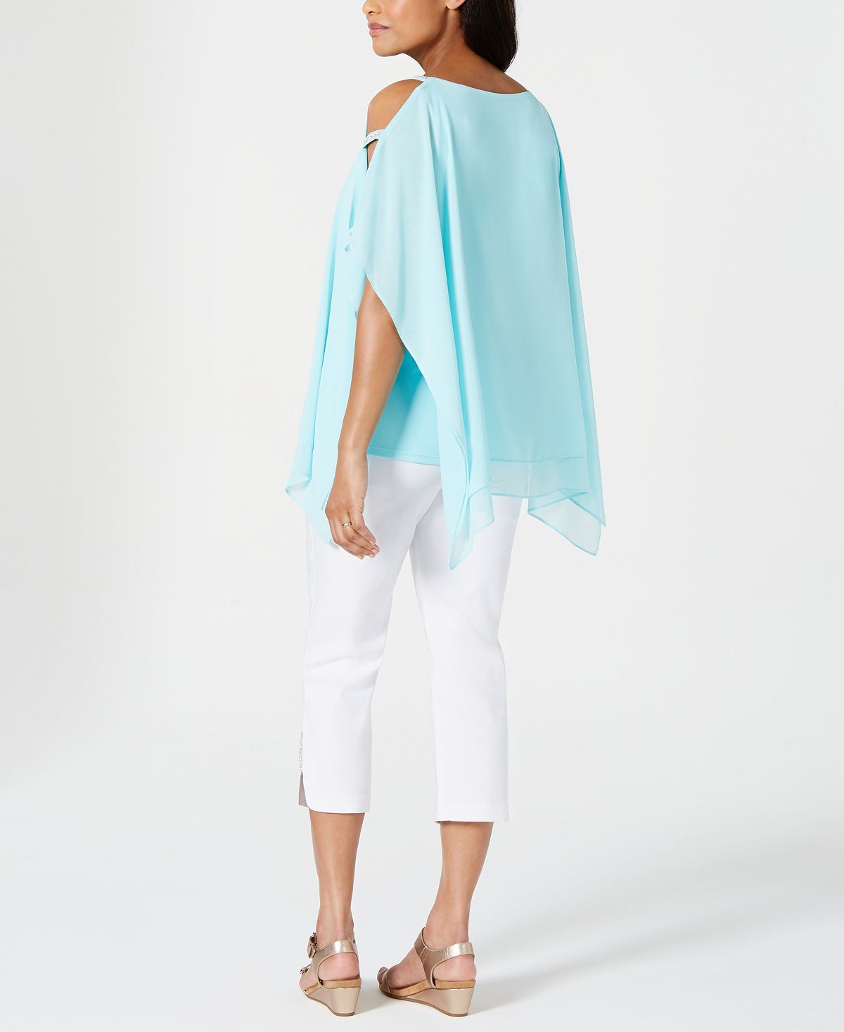 JM Collection Top poncho feminino com mangas divididas, azul, tamanho pequeno G