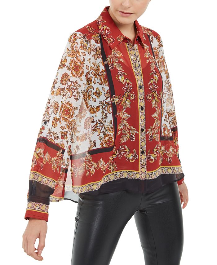 Blusa feminina estampada com cachecol INC Iternational Concepts, vermelha, tamanho pequeno G