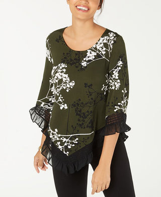 Blusa feminina Alfani com estampa floral e acabamento em renda, verde, tamanho pequeno G