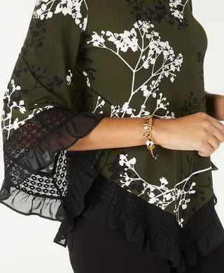 Blusa feminina Alfani com estampa floral e acabamento em renda, verde, tamanho pequeno G