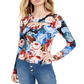 Camiseta Guess Feminina Floral Manga Longa com Decote em Fechadura Azul Tamanho X-S