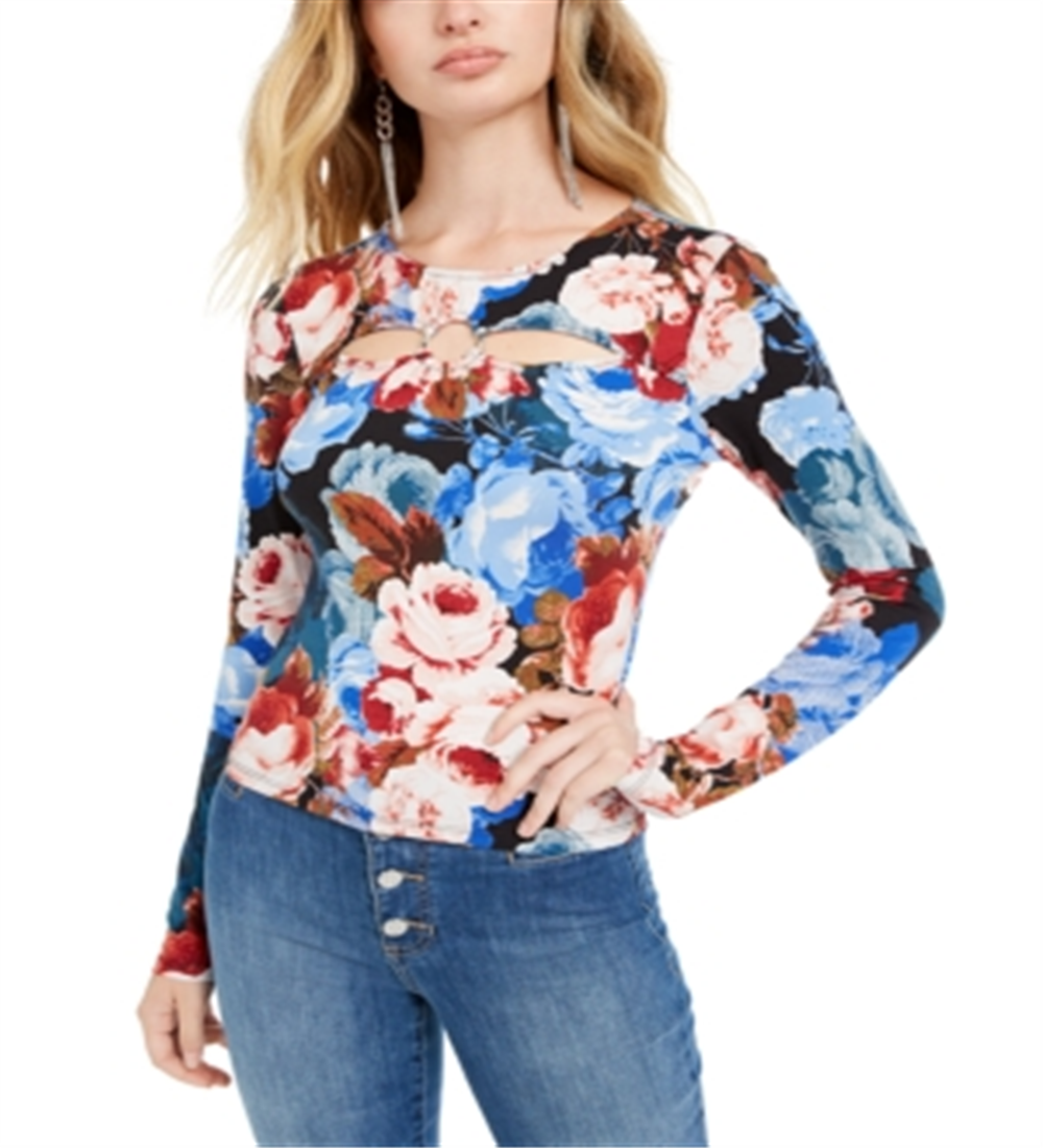 Camiseta Guess Feminina Floral Manga Longa com Decote em Fechadura Azul Tamanho X-S
