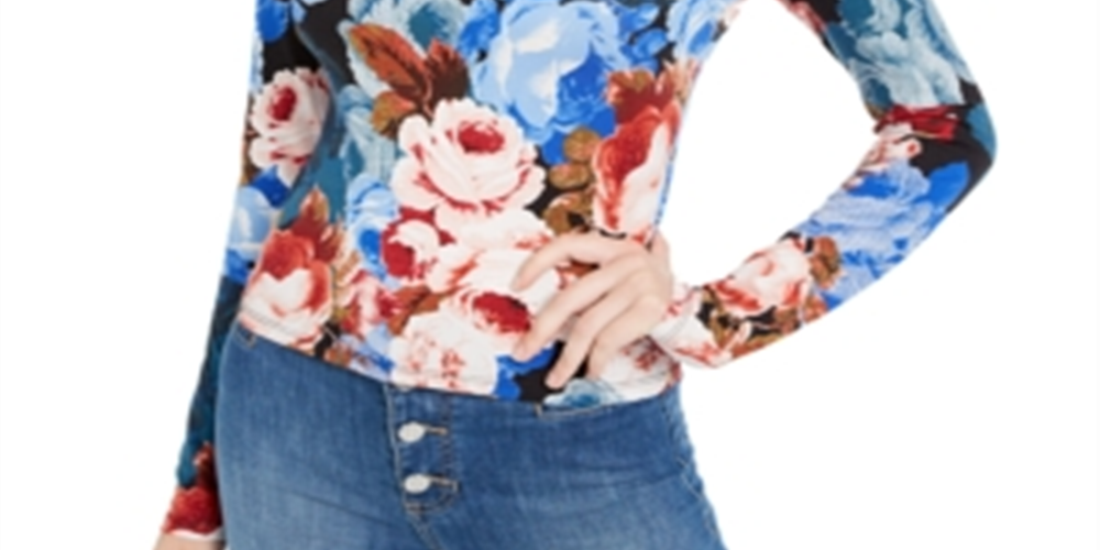 Camiseta Guess Feminina Floral Manga Longa com Decote em Fechadura Azul Tamanho X-S