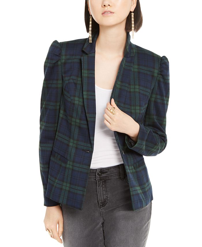 INC Iternational Concepts Jaqueta xadrez feminina com manga bufante, verde, tamanho XS