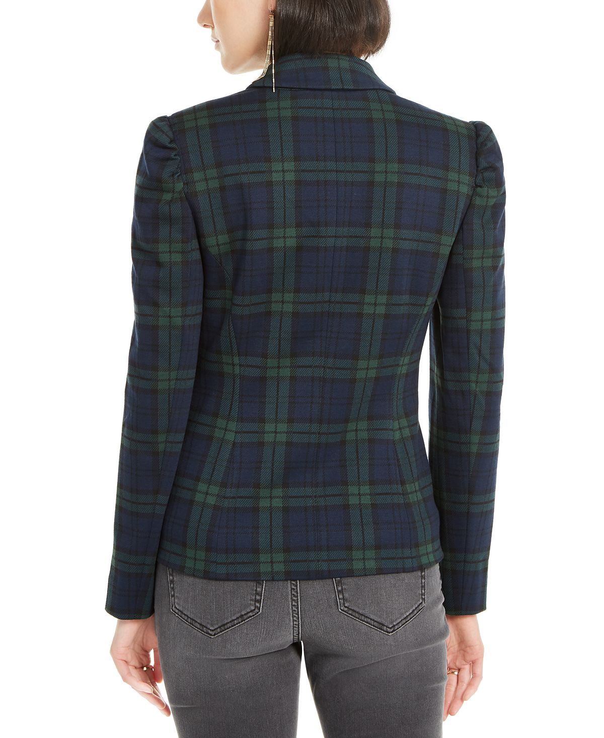 INC Iternational Concepts Jaqueta xadrez feminina com manga bufante, verde, tamanho XS