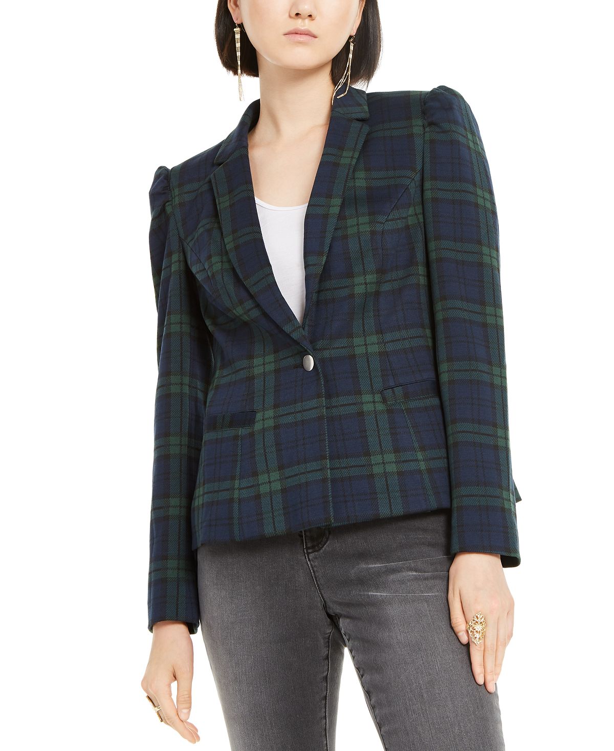 INC Iternational Concepts Jaqueta xadrez feminina com manga bufante, verde, tamanho XS