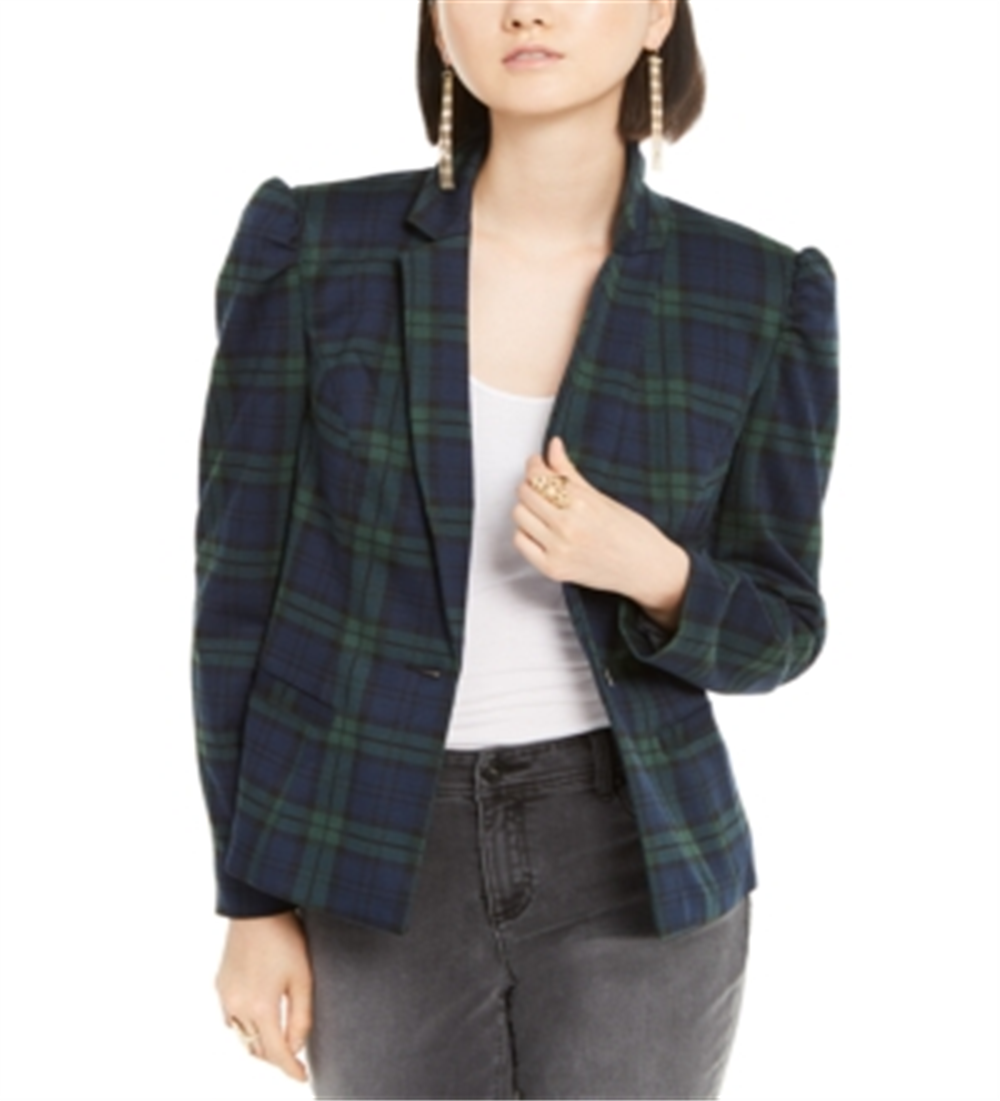 INC Iternational Concepts Jaqueta xadrez feminina com manga bufante, verde, tamanho XS