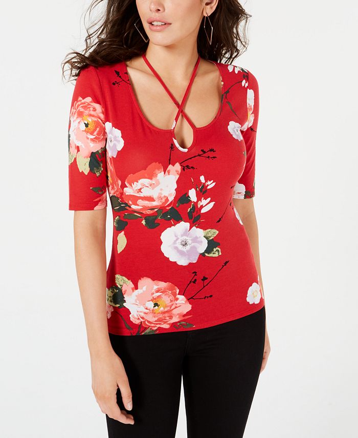 Blusa feminina Guess com estampa floral e listras cruzadas, vermelha, tamanho XS
