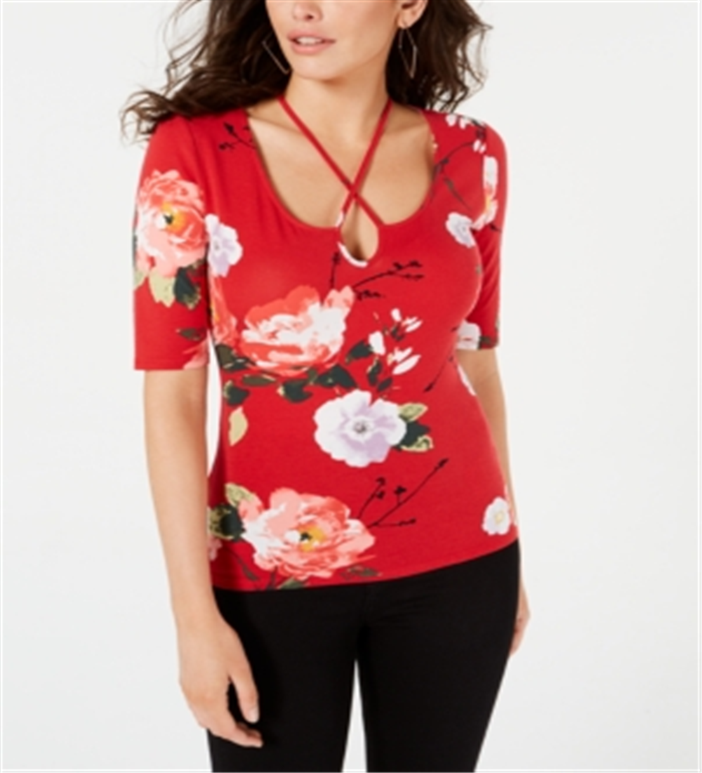 Blusa feminina Guess com estampa floral e listras cruzadas, vermelha, tamanho XS
