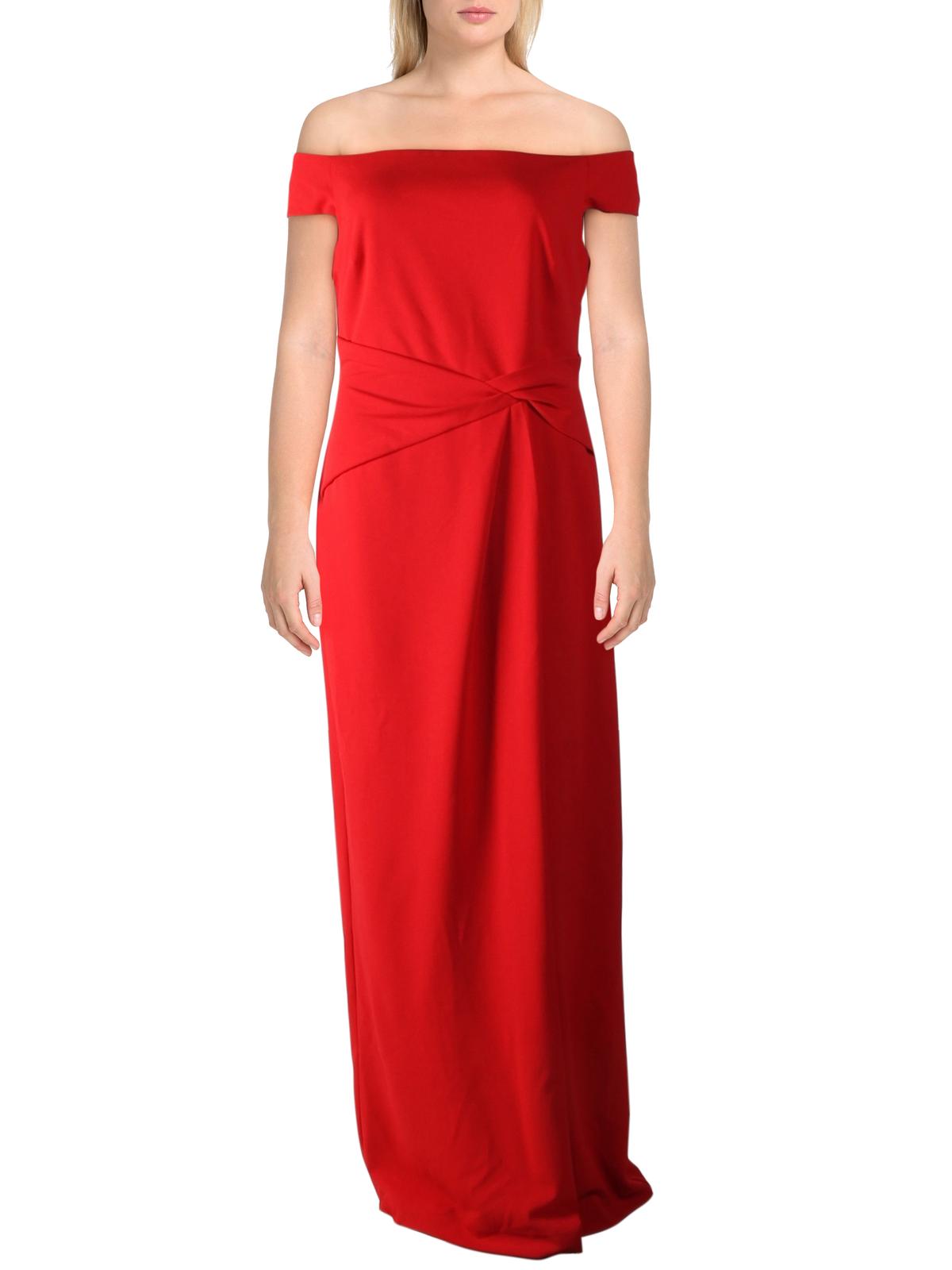 Vestido de festa Saran plissado com ombros de fora, tamanho 12, vermelho, Ralph Lauren, feminino