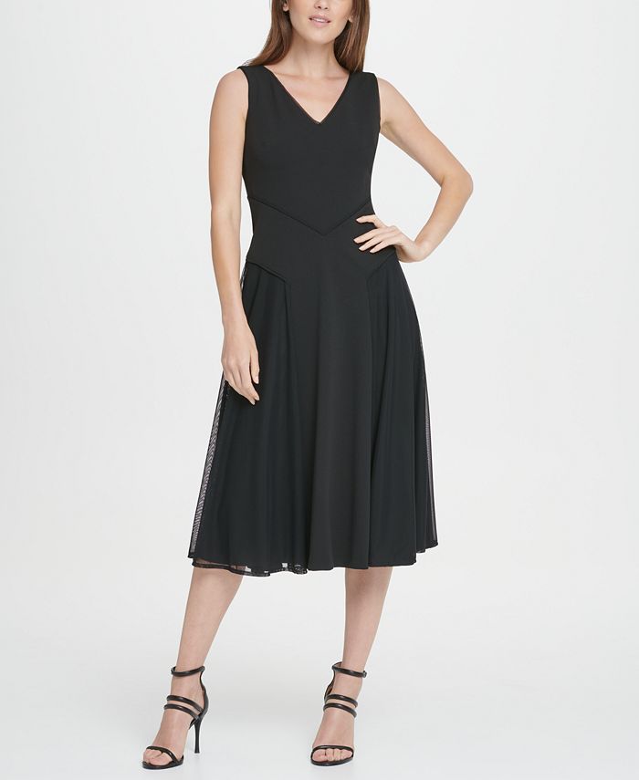 Vestido midi flare com saia de malha DKNY feminino, preto, tamanho 6