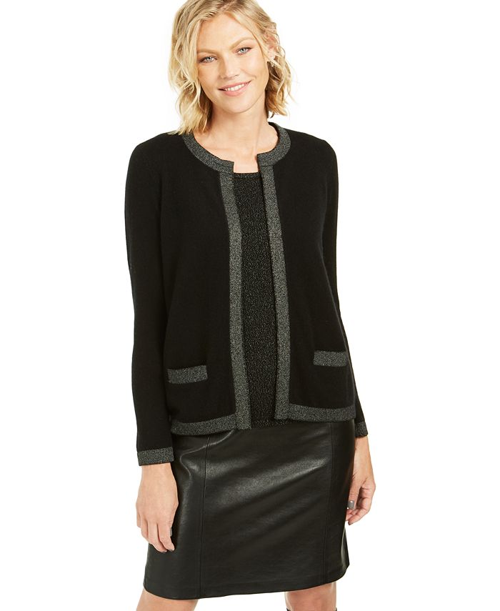 Cardigan feminino de cashmere com acabamento em lurex Charter Club, preto, tamanho grande