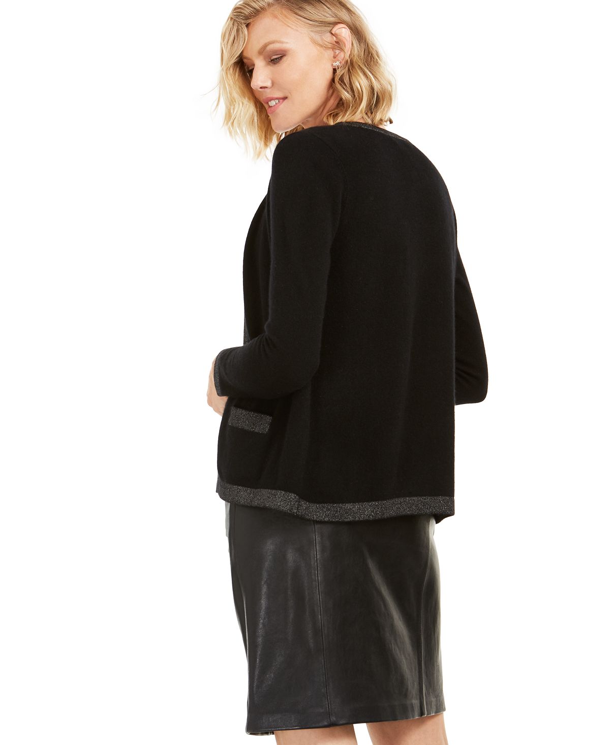 Cardigan feminino de cashmere com acabamento em lurex Charter Club, preto, tamanho extrapequeno
