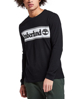 Camiseta masculina Timberland com estampa de logotipo linear e manga comprida, preta, tamanho extragrande