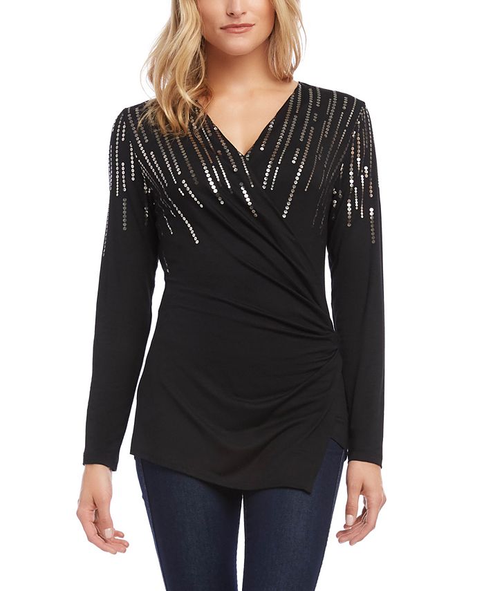 Karen Kane Blusa feminina com estampa de lantejoulas, preta, tamanho extragrande