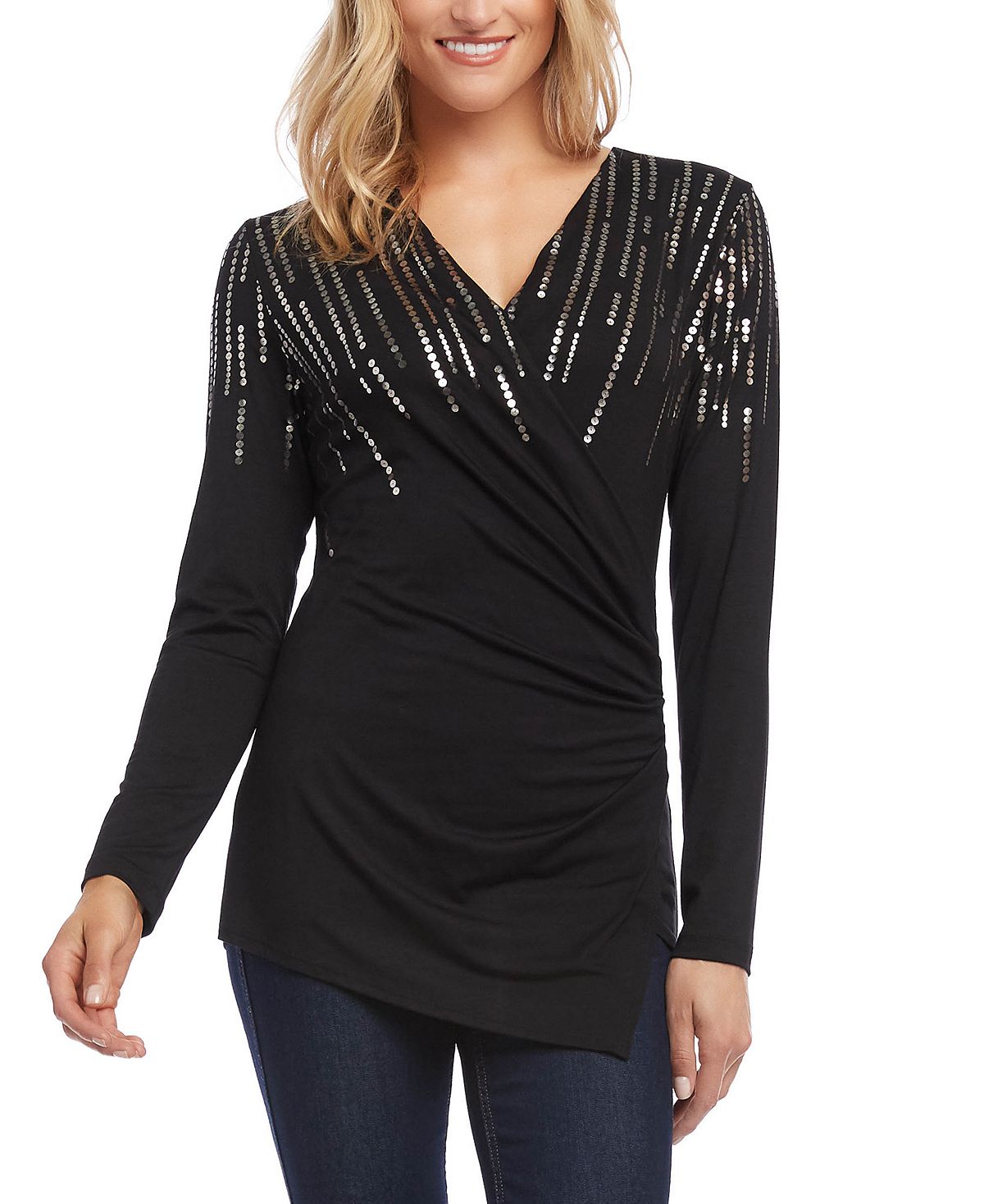 Karen Kane Blusa feminina com estampa de lantejoulas, preta, tamanho extragrande