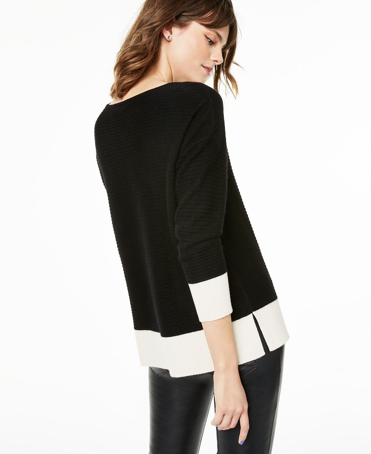 Suéter de cashmere canelado com blocos de cores feminino Charter Club, preto, tamanho extragrande