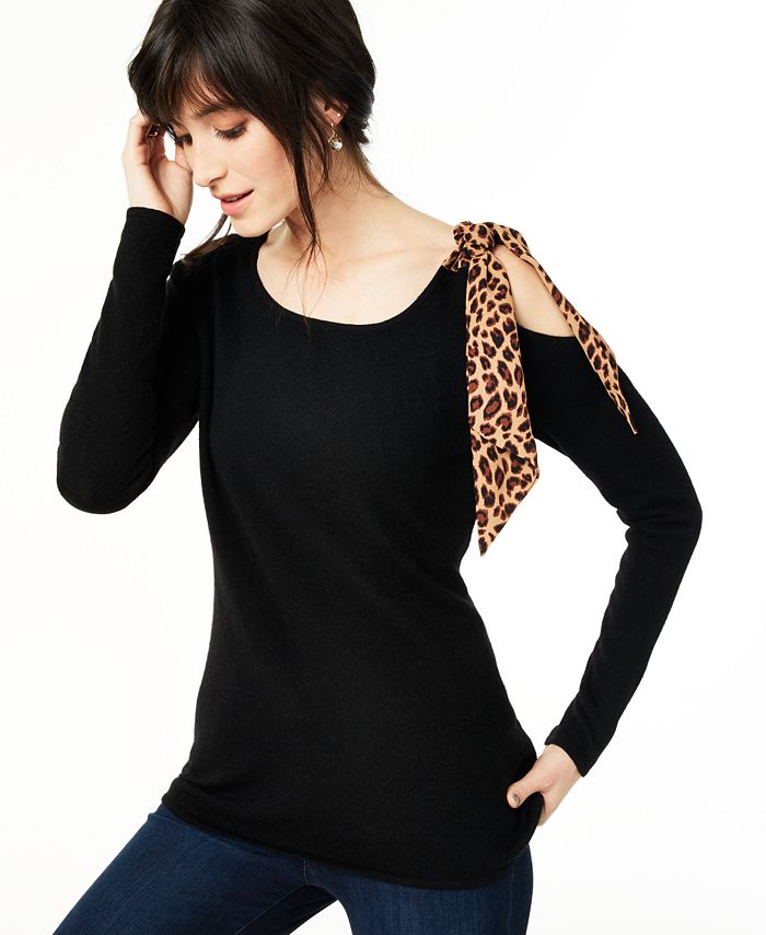 Suéter feminino de cashmere com ombros descobertos e contraste, preto, tamanho pequeno e pequeno