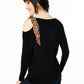 Suéter feminino de cashmere com ombros descobertos e contraste, preto, tamanho pequeno e pequeno