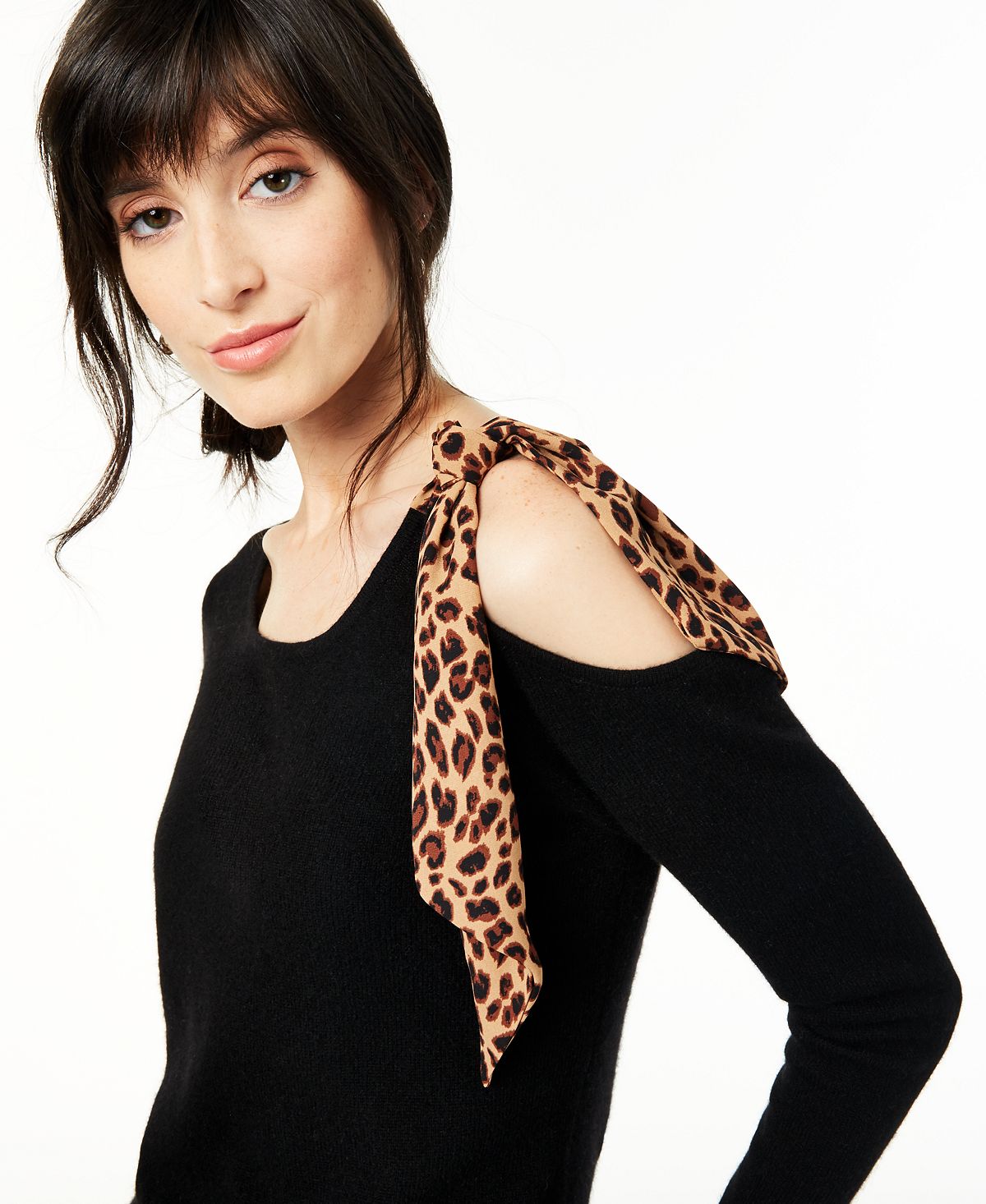 Suéter feminino de cashmere com ombros descobertos e contraste, preto, tamanho pequeno e pequeno