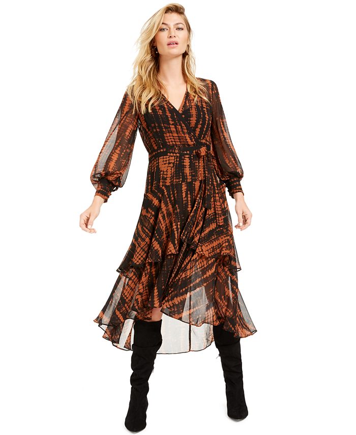 Vestido envelope feminino Bar III com estampa animal e babados, laranja, tamanho X-S