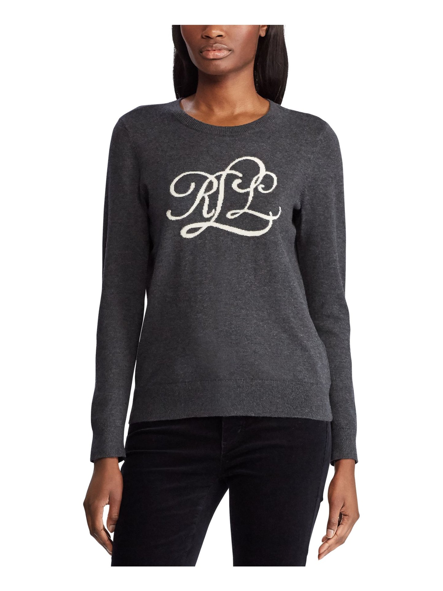 Suéter Ralph Lauren Feminino com Estampa de Logo e Manga Longa, Gola Joia, Cinza, Tamanho Grande