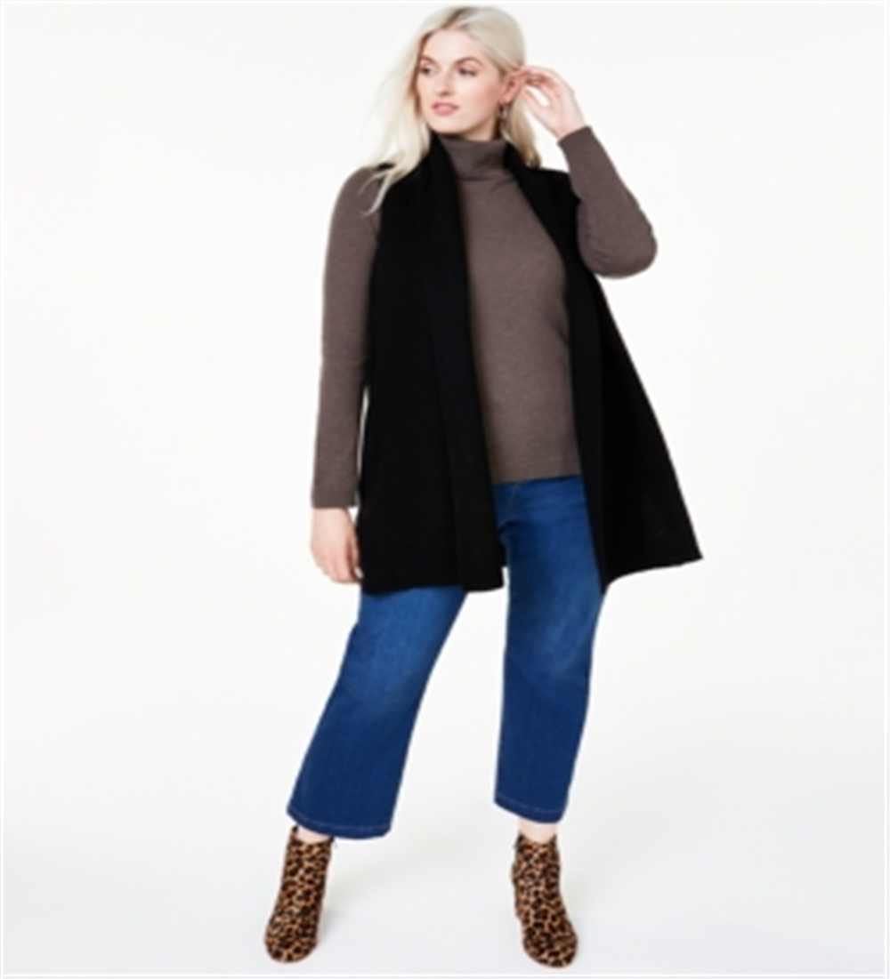 Suéter de cashmere canelado sem mangas feminino Charter Club Plus, preto, tamanho 2X