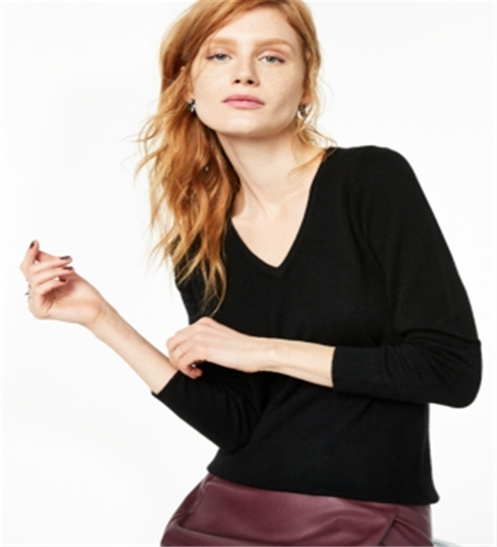 Suéter feminino de cashmere com manga comprida e decote em V, preto, tamanho pequeno médio