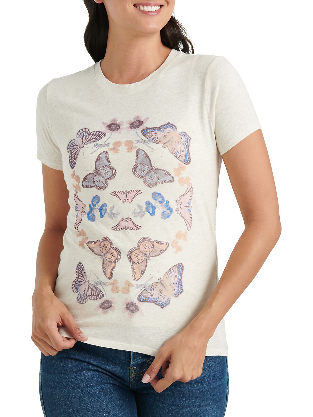 Camiseta feminina com estampa de borboleta Lucky Brand, bege, tamanho grande